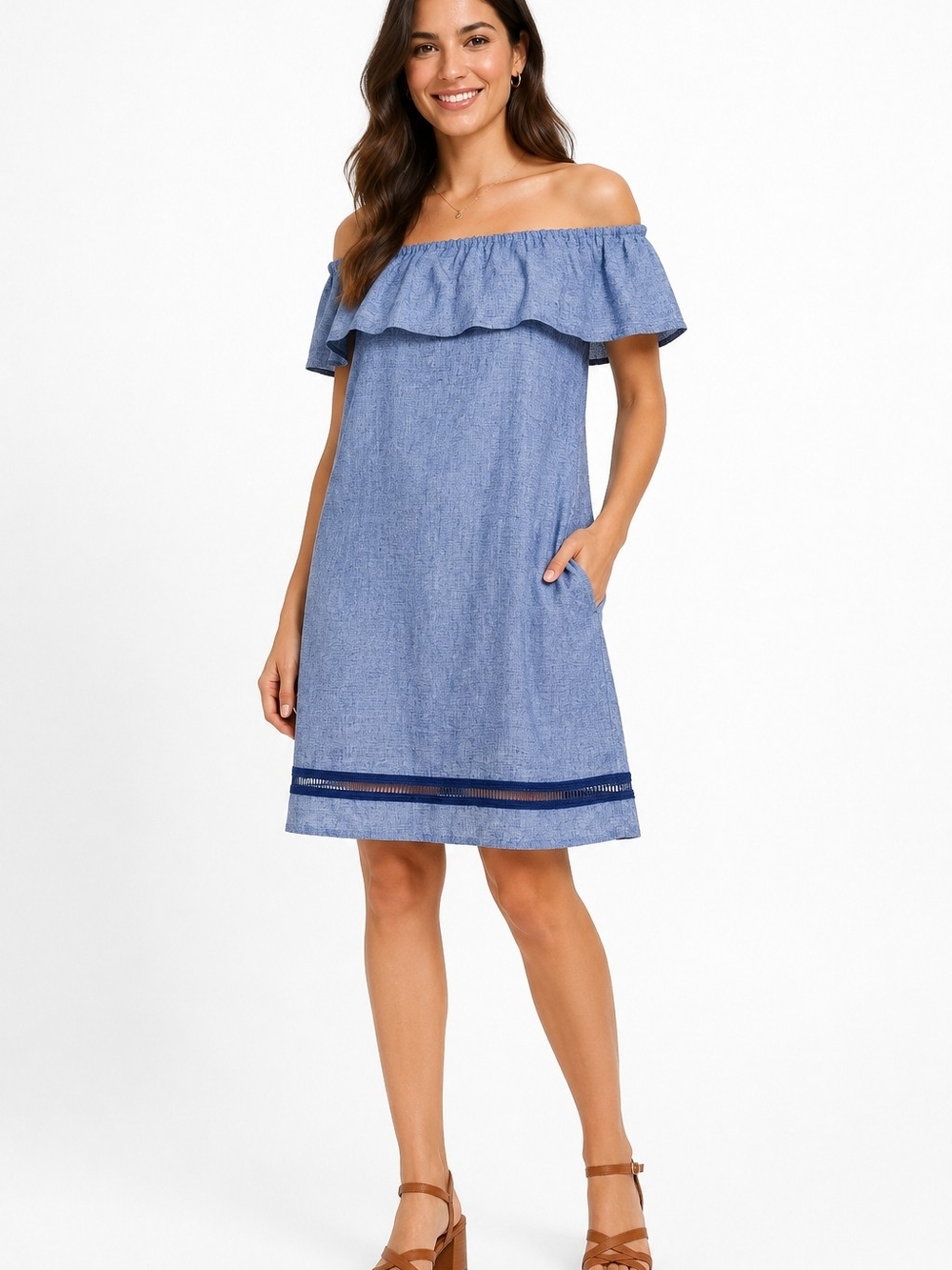 Alison Andrews Blue Off Shoulder Shift Dress Ruffle Neckline Small Linen Blend